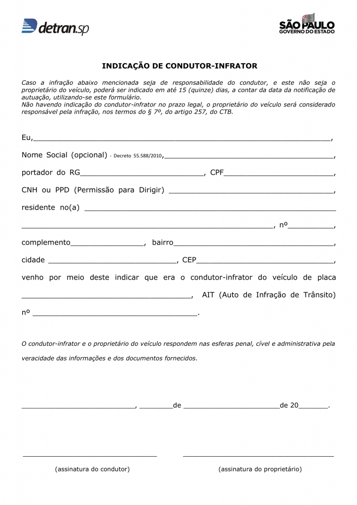 Detran-SP Formulário de Indicação de Condutor Infrator