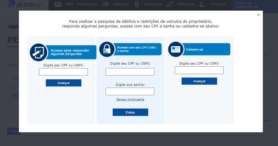 Área de login do Detran SP.