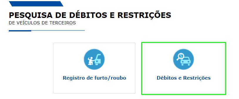 Escolha da consulta de débitos/restrições.