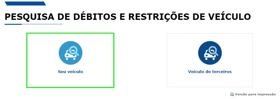 Escolha do tipo de consulta de veículo no Detran SP.