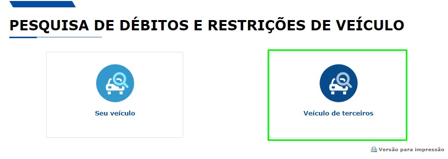 Escolha da consulta de veículo de terceiros no Detran SP.