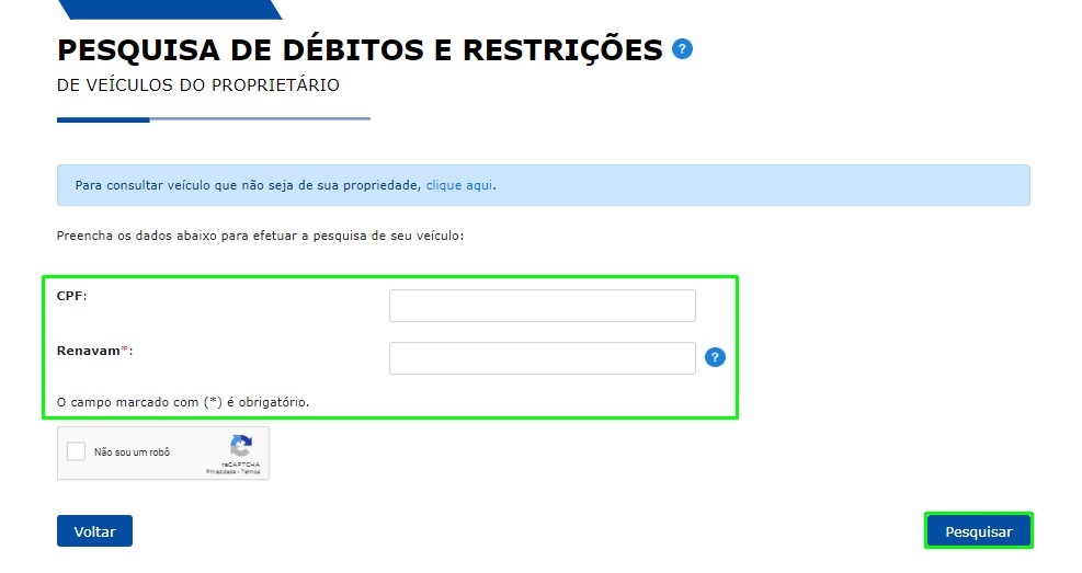 Informações para consultar débitos e restrições do veículo.