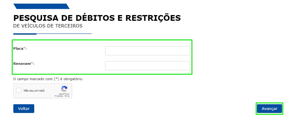 Informações do veículo para consulta.