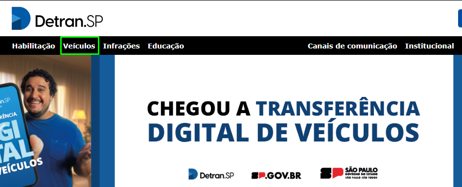Área de veículos na página inicial do Detran SP.